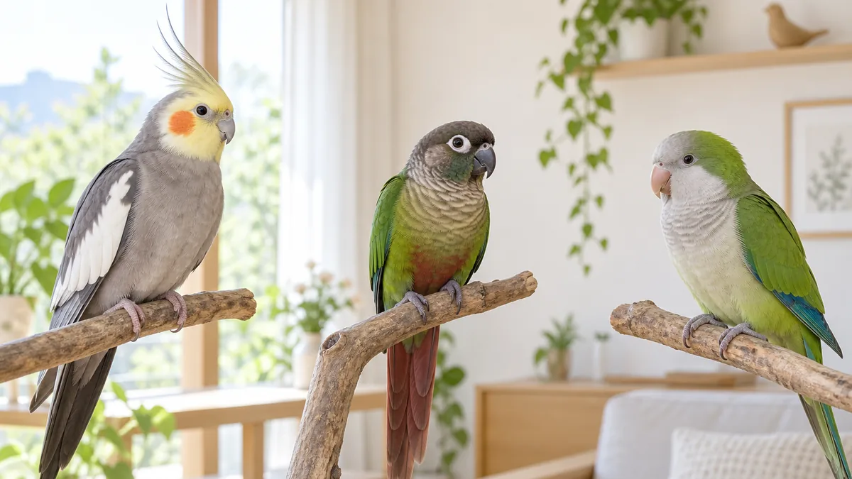広い室内で止まり木にとまる中型インコ
