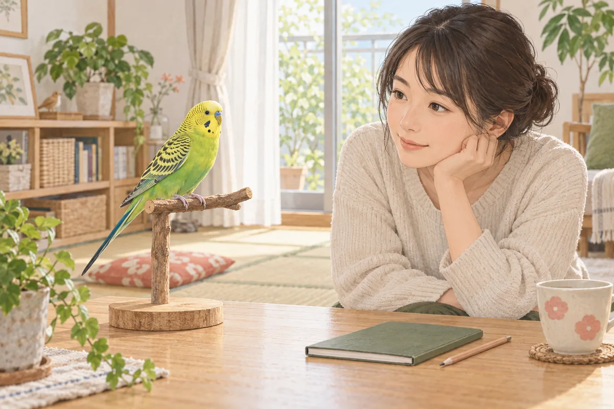 止まり木のセキセイインコを静かに観察する飼い主