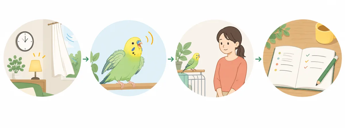 セキセイインコの行動を時刻・きっかけ・姿勢の順に観察して記録する流れ