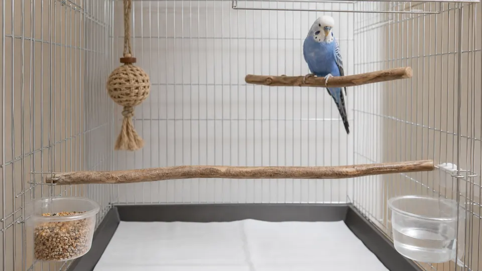 止まり木と餌入れと水入れを余裕を持って配置したインコケージ内