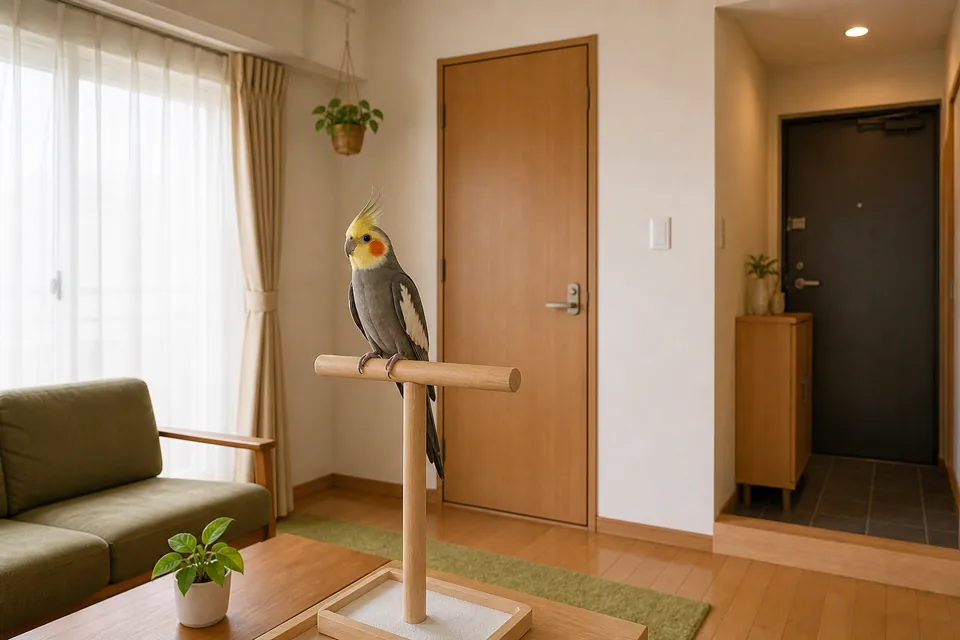 窓と室内ドアを閉めて放鳥するオカメインコの部屋