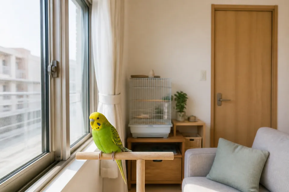 窓と玄関を確認してからインコを放鳥する安全な部屋