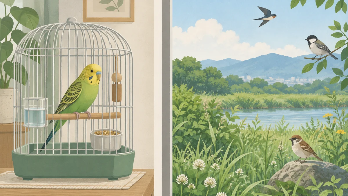 室内で飼育されるセキセイインコと野外の生態系を分けて描いた図解