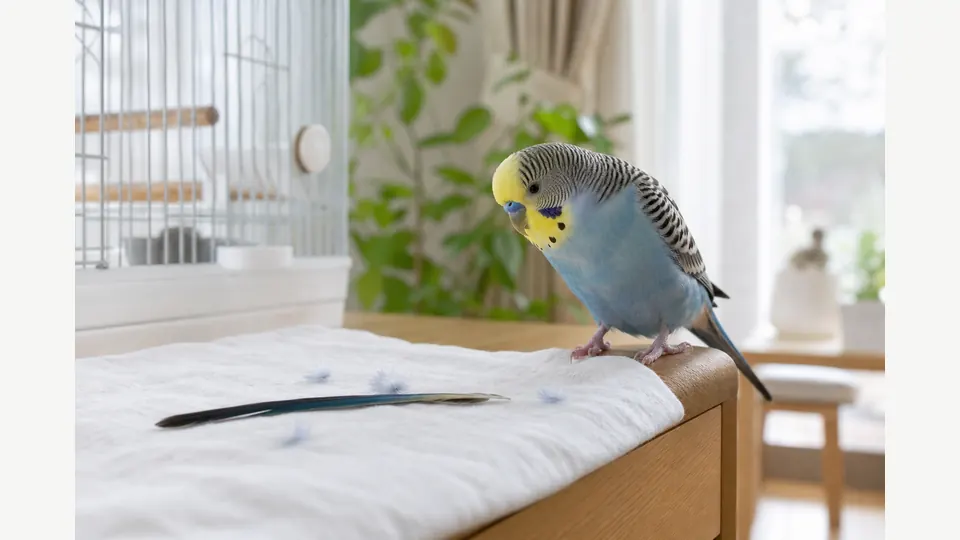 白い布の上に自然に抜けた長い羽根と健康そうなセキセイインコ