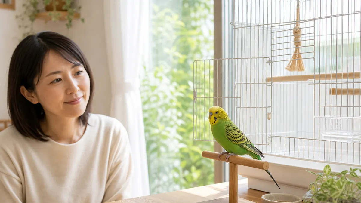 ケージのそばでセキセイインコの様子を静かに観察する飼い主