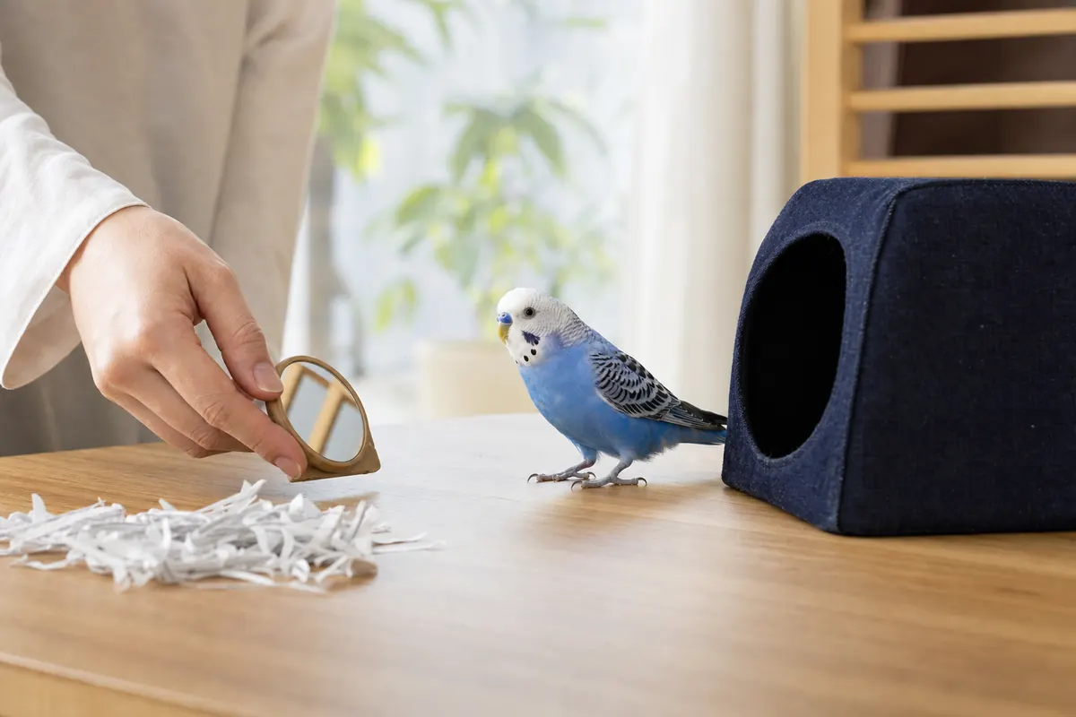 鏡と紙くずと暗い箱の近くにいるセキセイインコから鏡を外す飼い主