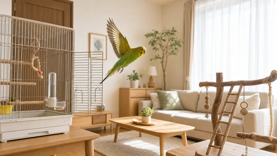 開いたケージから止まり木へ飛ぶセキセイインコ