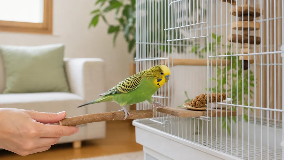 携帯用止まり木から自分でケージへ戻るセキセイインコ