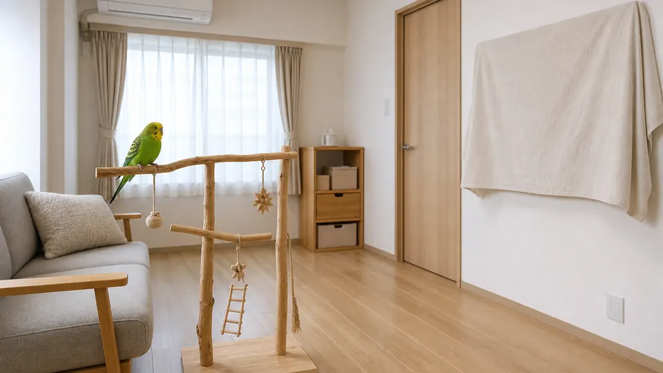 窓とドアを閉めて放鳥用の止まり木を置いた部屋