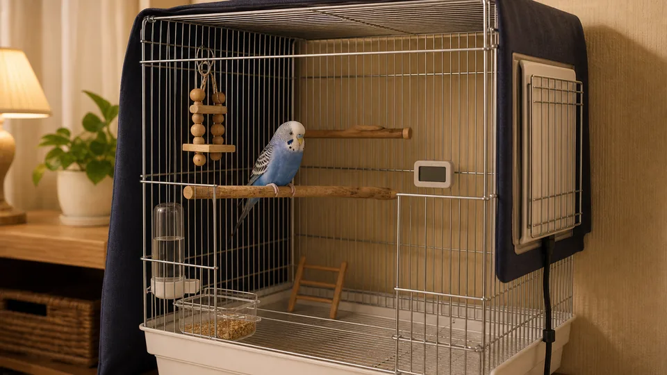 ケージ外のヒーターと温度計で冬の保温をするセキセイインコ