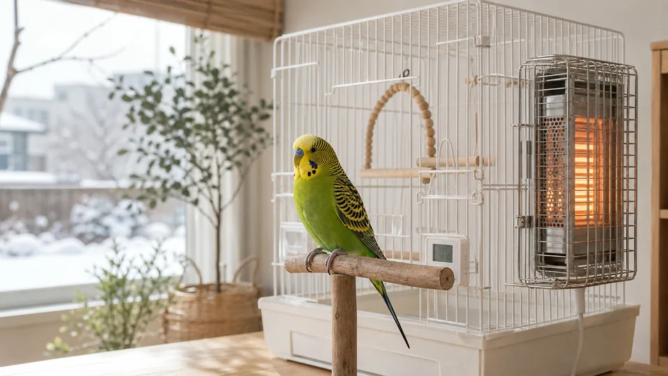 冬の室内でヒーターと温度計を使って保温するセキセイインコ