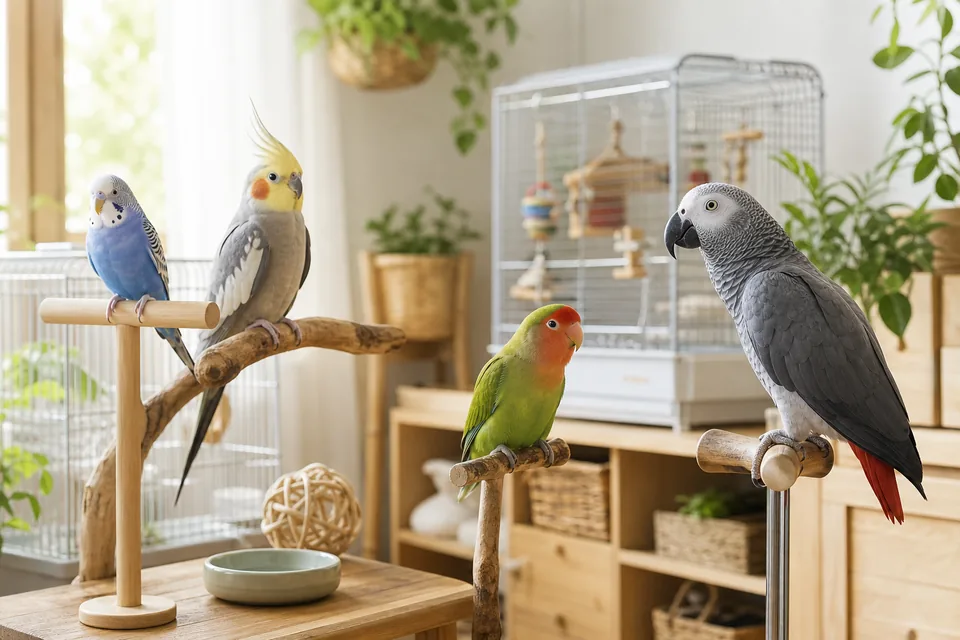 インコの寿命と長期飼育を考えるために複数の鳥がいる明るい室内