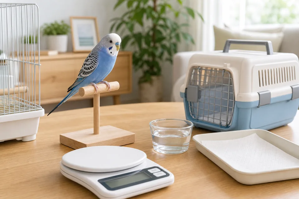 インコの長生きのために体重計と清潔なケージで健康チェックをする様子