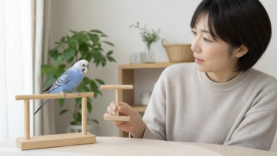 セキセイインコへ指ではなく携帯用止まり木を横から差し出す練習