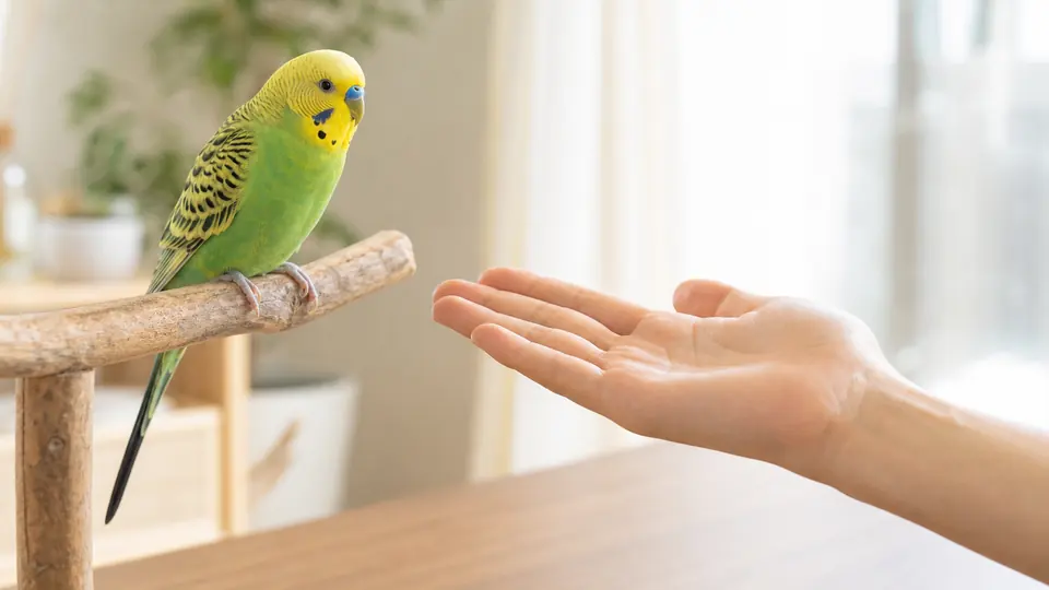 止まり木のセキセイインコへ手を離して差し出す飼い主