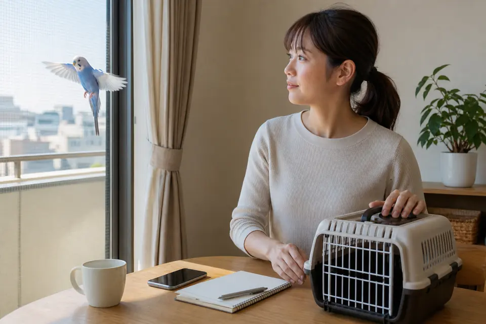 迷子になったインコを探すため窓辺でキャリーとメモを準備している様子