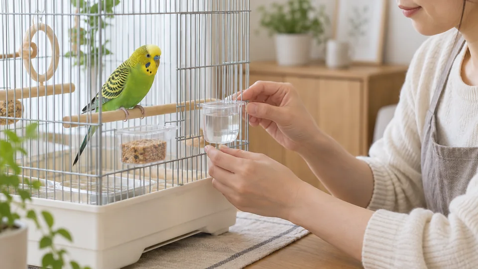 朝のケージで水と餌の器を確認するセキセイインコ