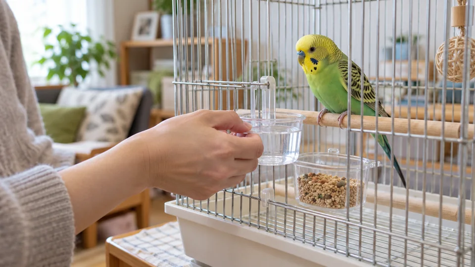 セキセイインコのそばで水入れを清潔な水に交換する様子
