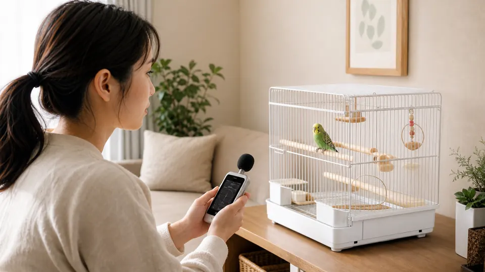 ケージのそばでインコの鳴き声を静かに確認している飼い主