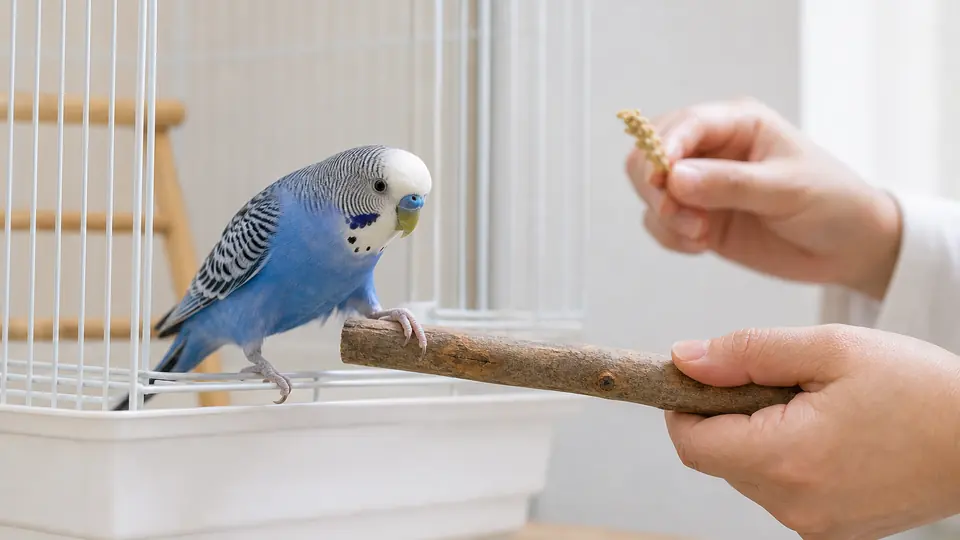 セキセイインコへ横から携帯用の木製止まり木を差し出す練習