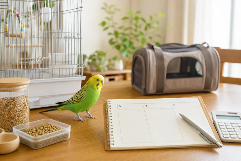 インコを迎える前に値段と飼育費用をノートで確認している様子