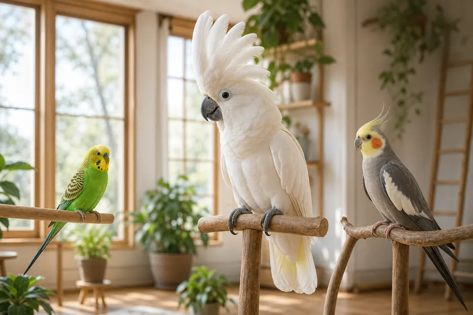 インコとオウムの違いを比べるために並んだセキセイインコと白いオウム