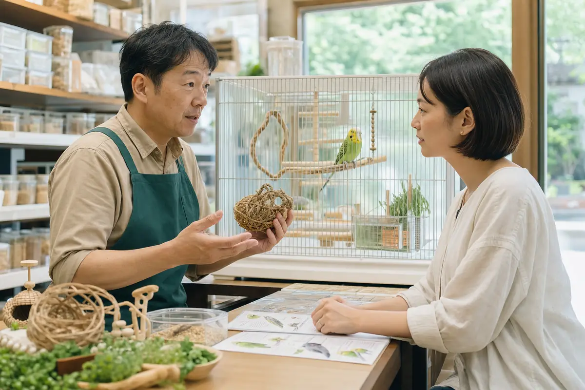 小鳥専門店でセキセイインコの飼育説明を受ける購入希望者