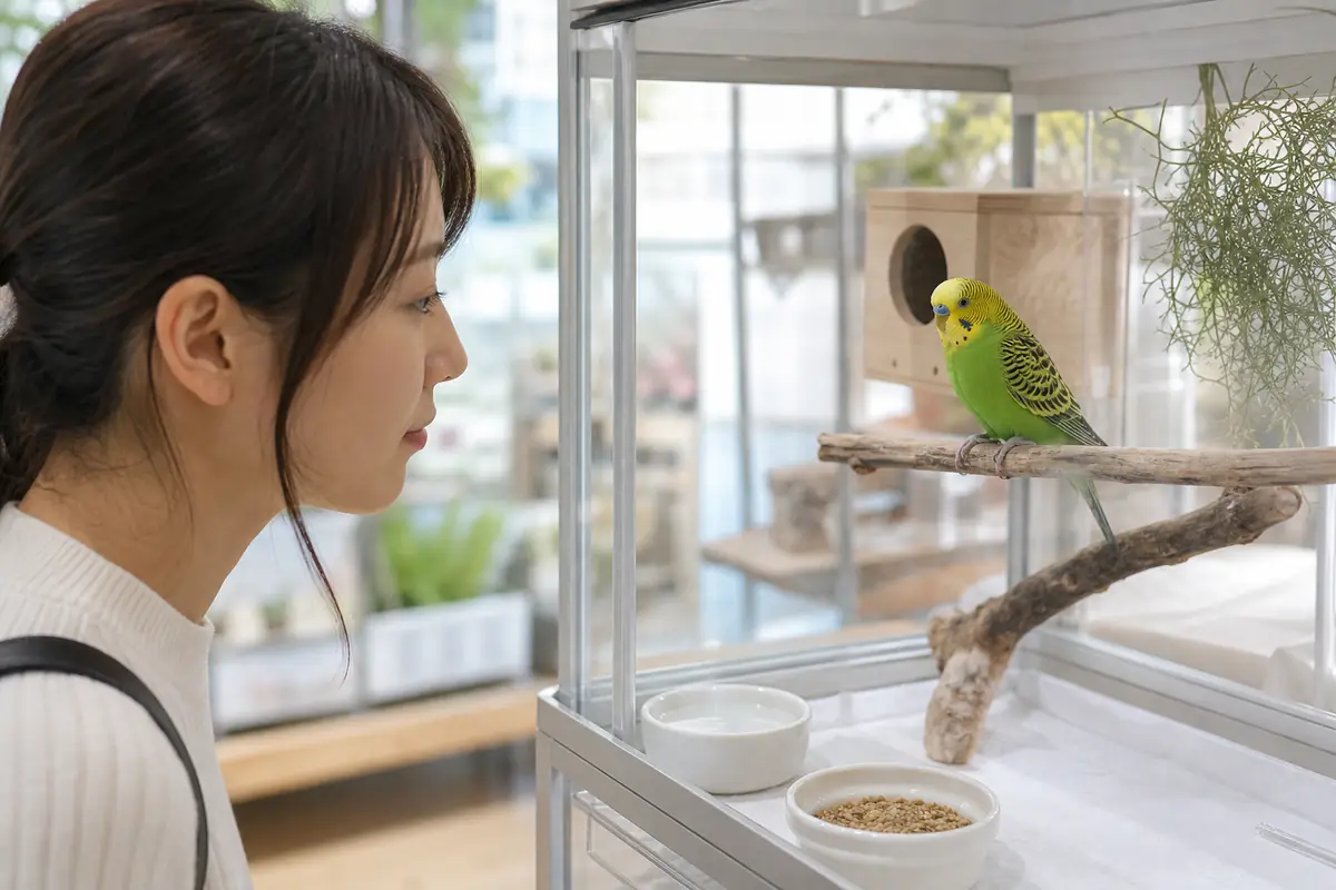 清潔な展示ケージでセキセイインコの姿勢と目を観察する購入希望者