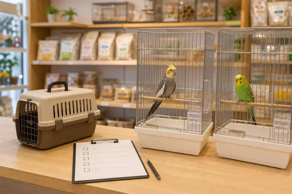インコを購入する前に販売元で健康状態や説明内容を確認する場面