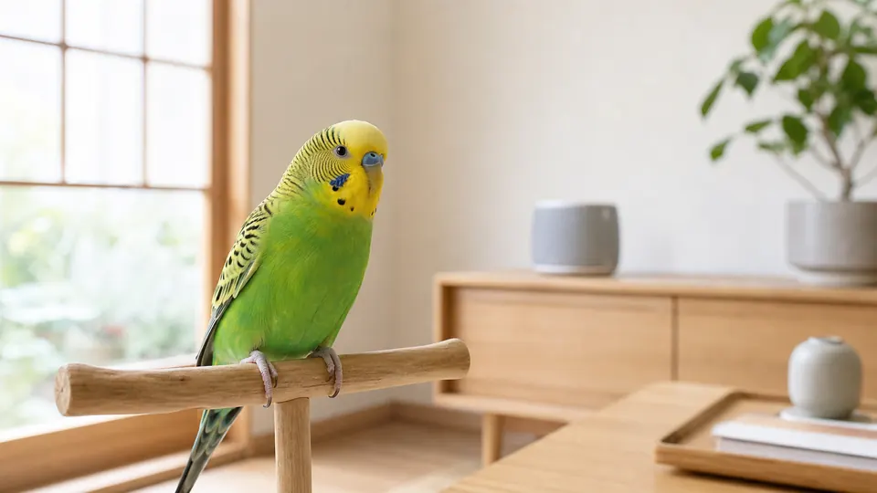 静かな室内で音を聞きながら止まり木に立つセキセイインコ