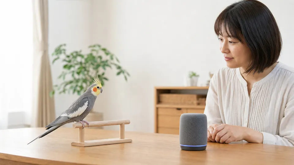 オカメインコから距離を空けて小さなスピーカーの音を観察する飼い主