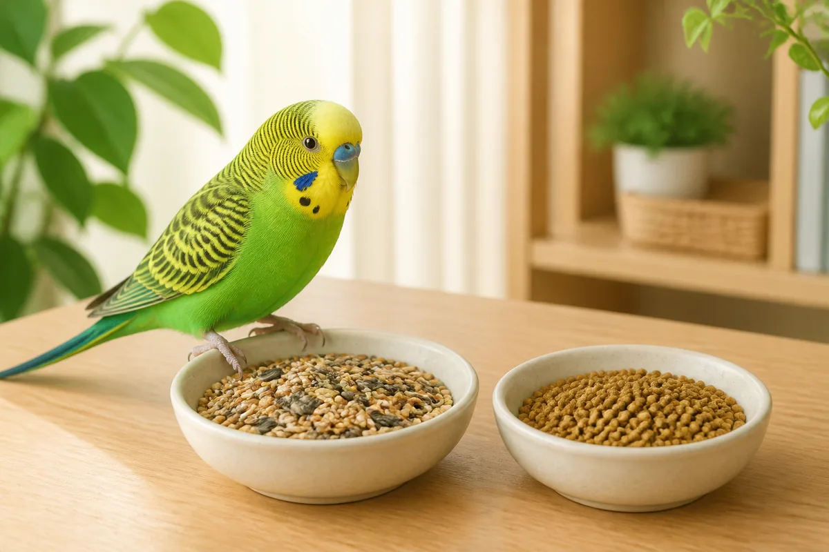 シードとペレットを並べた餌皿のそばでくつろぐセキセイインコ