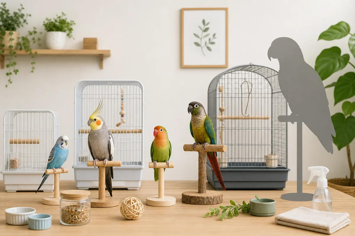 インコの種類を比べるためにセキセイインコやオカメインコを並べた明るい室内