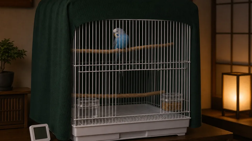 前面に通気を残してカバーを掛けたセキセイインコの就寝環境