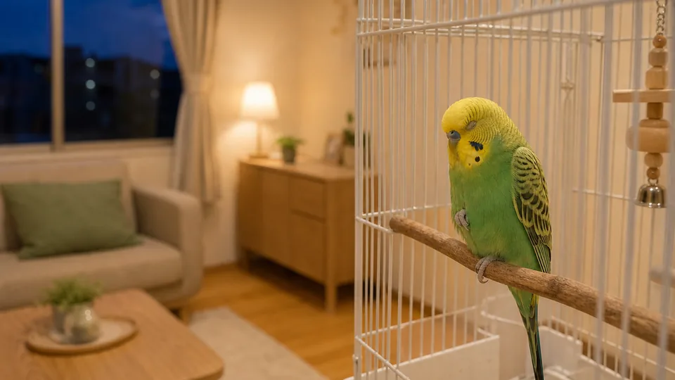 夕方の静かな部屋で止まり木にとまり眠るセキセイインコ