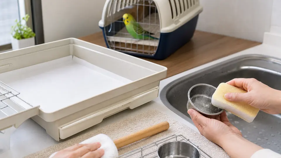 キャリーで待つセキセイインコと水入れや止まり木の掃除