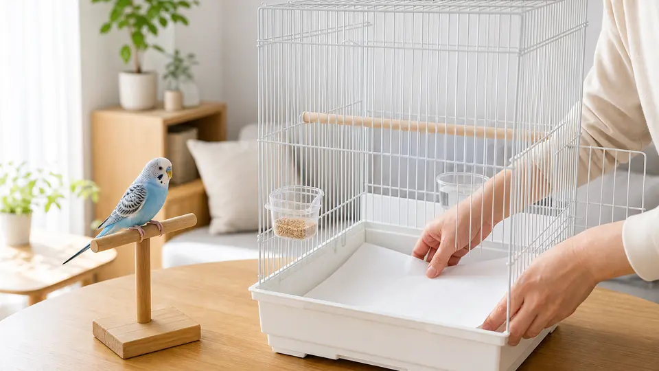 白い敷き紙を交換してインコのケージを掃除する様子