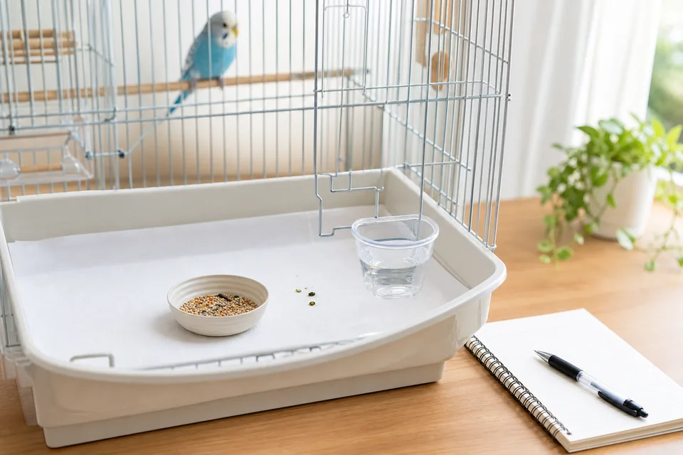インコの糞や食欲を観察するためケージの敷き紙と記録ノートを用意した様子