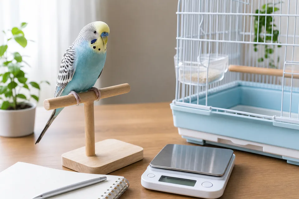 インコの病気サインを確認するため体重計とノートを用意した健康観察の様子
