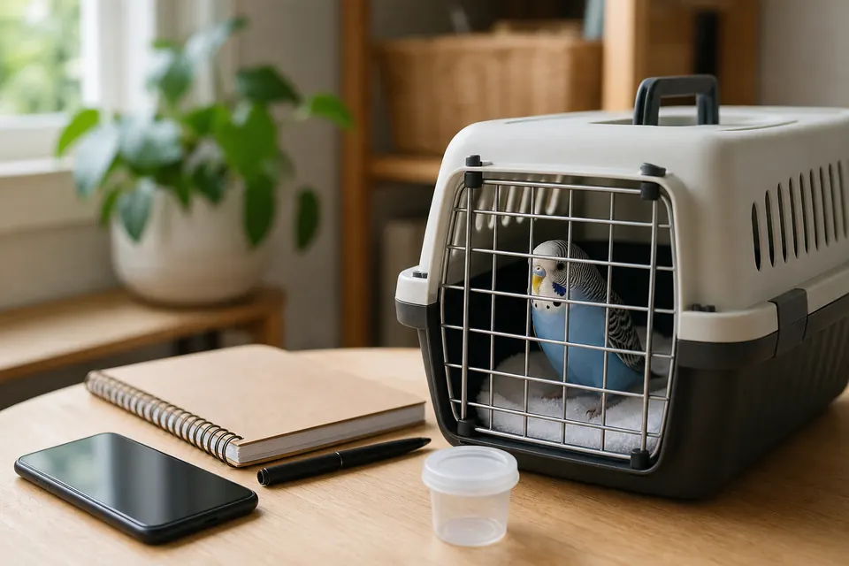 インコの誤食時に動物病院へ相談するためキャリーとメモを準備した様子