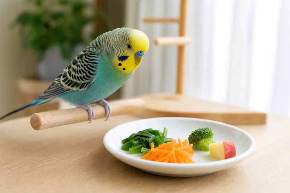 インコが食べていいものを少量ずつ清潔な皿に用意した様子