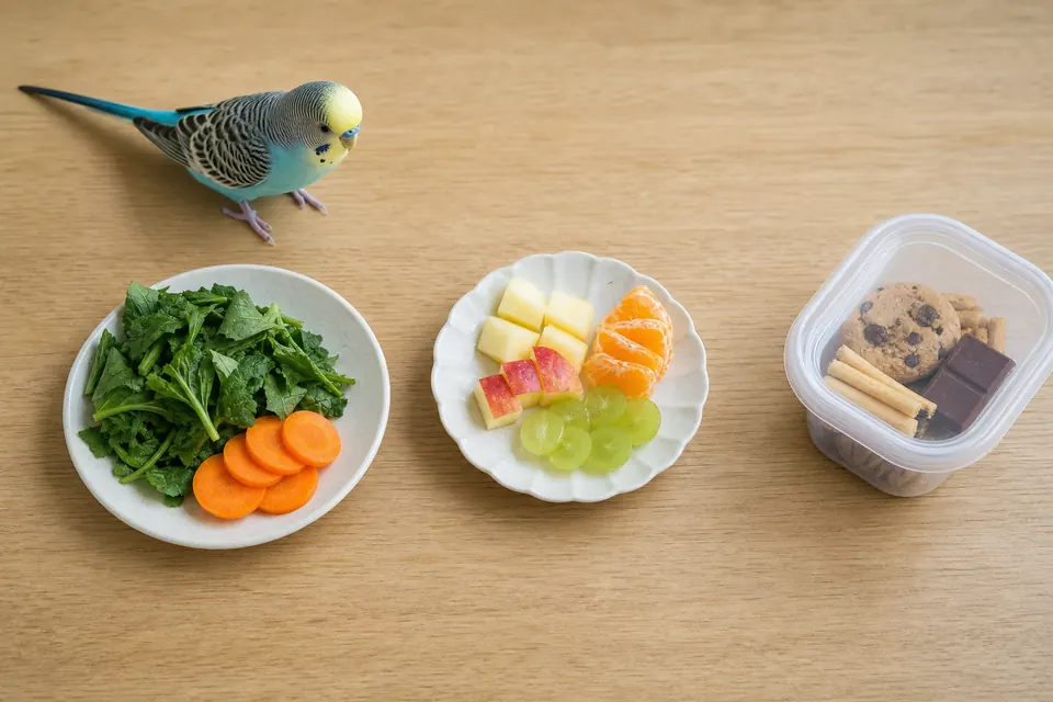 インコの食べ物を安全な野菜、少量の果物、避けたい人の食べ物に分けて置いた様子