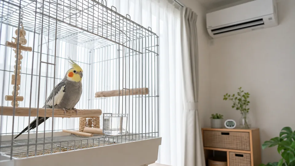 直射日光とエアコンの直風を避けた夏のオカメインコのケージ