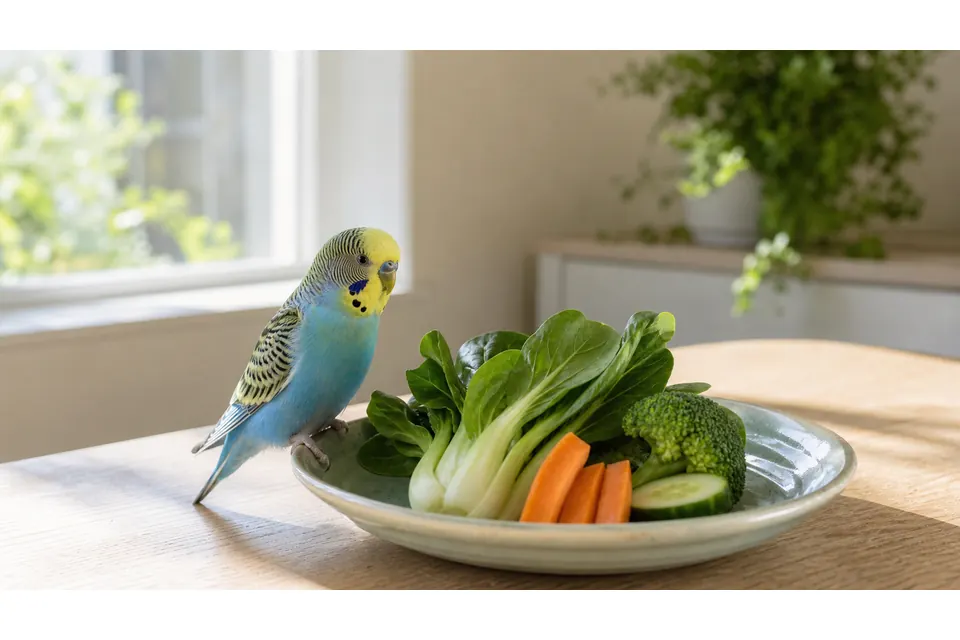 インコにあげていい小松菜やチンゲン菜などの野菜を清潔な皿に少量用意した様子