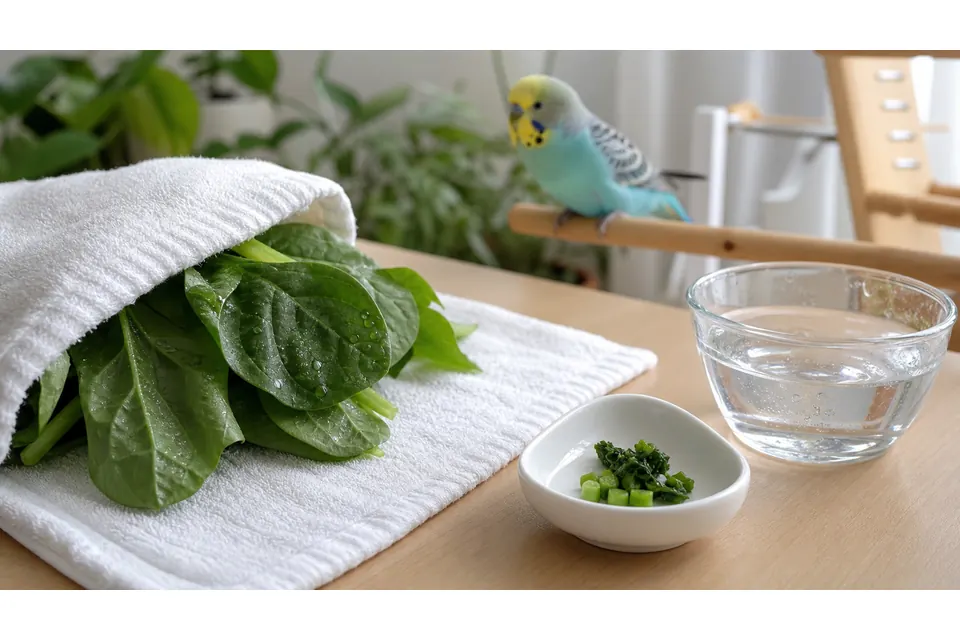 インコに野菜を与える前に洗って水気を切り小皿に少量用意する様子