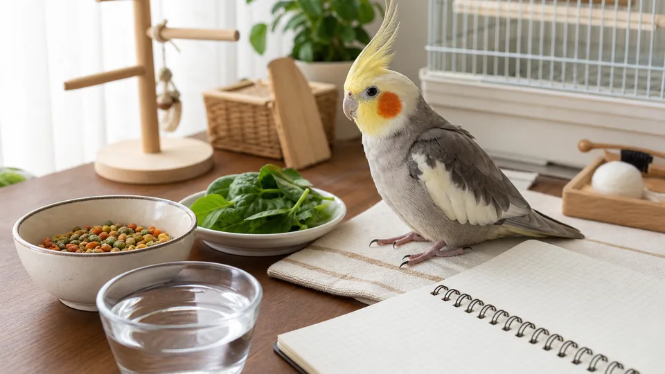 オカメインコの食事と体重を記録するための餌、水、青菜、ノート