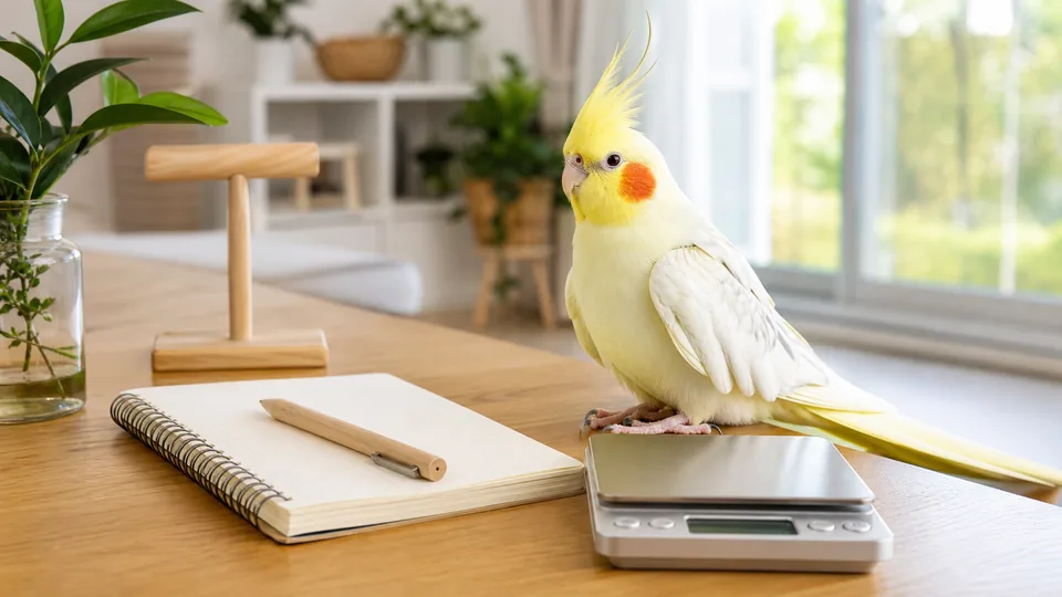 体重計とケアノートのそばで過ごす健康そうなオカメインコ