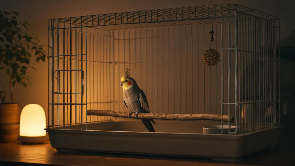 夜間に安全なケージで過ごすオカメインコと小さな常夜灯