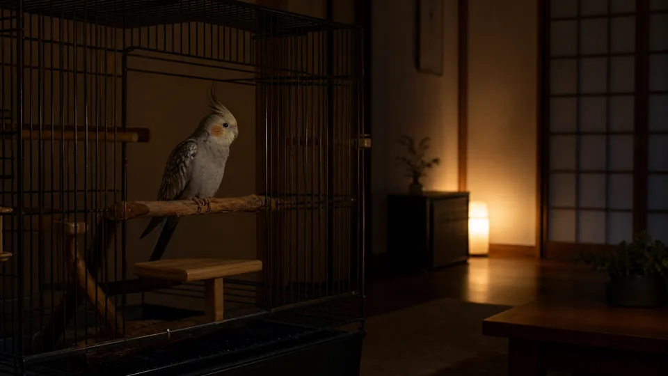 弱い常夜灯のある部屋で安全に休むオカメインコ