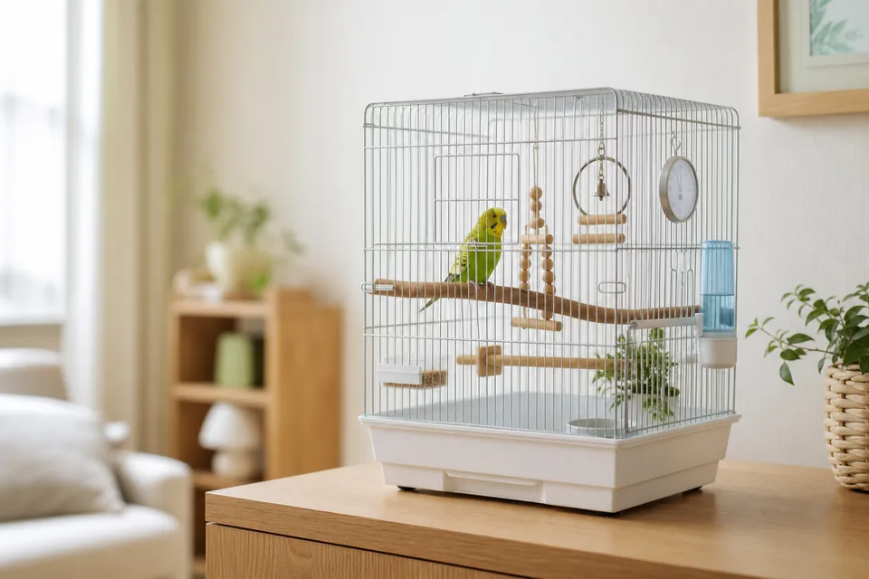 セキセイインコのケージを直射日光と冷気を避けて置いた室内
